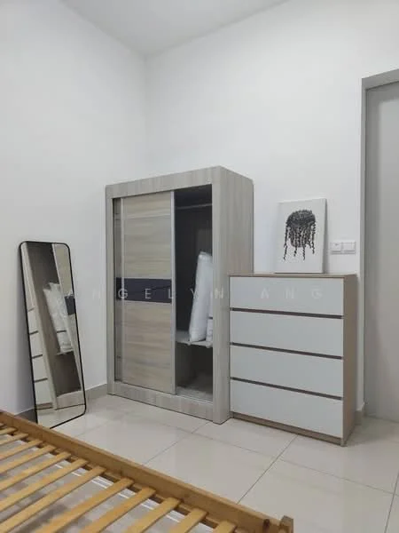 Bedroom features: white painted walls, tile flooring, wooden bed frame, built-in wardrobe with sliding doors, chest of drawers, full-length mirror, decorative artwork, neutral color palette; style: modern.