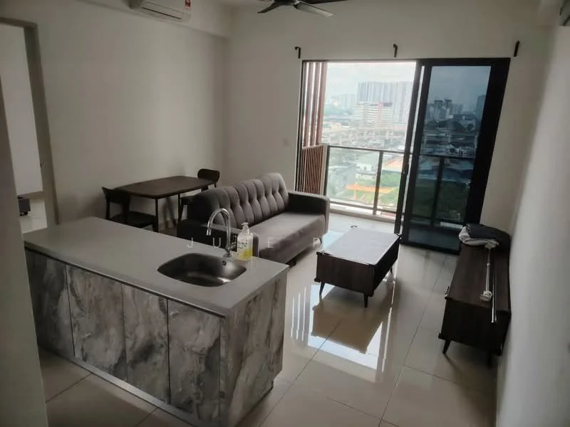 Living features: grey fabric 3-seater sofa, wooden coffee table, wooden side table, kitchen island with marble countertop, single-bowl stainless-steel sink, recessed downlights, floor-to-ceiling windows, sliding glass door, white painted walls, glossy tile flooring, ceiling fan; style: modern; view: city.