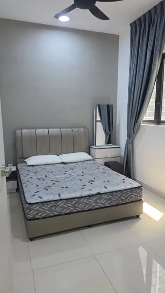 Bedroom features: queen-size bed with upholstered headboard, grey patterned mattress, white bed linens, nightstand with drawer, full-length mirror, floor-to-ceiling window, grey curtains, white walls, light-colored tiled flooring, ceiling fan with light, recessed lighting; style: modern.