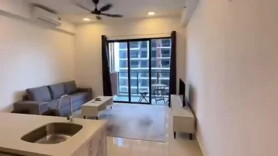 Living features: grey fabric sofa, coffee table, wall-mounted TV, floor-to-ceiling windows, sliding glass door, white walls, recessed downlights, light-coloured flooring, ceiling fan, balcony view; style: modern; view: city. Kitchen features: single-bowl stainless-steel sink, chrome pull-down faucet, white cabinetry, countertop with breakfast bar, built-in appliances; style: modern.