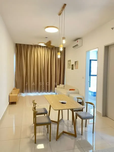 Dining features: dining table with gold legs, 4 upholstered dining chairs, white walls, cream curtains, polished tile flooring, ceiling lights, wall-mounted air conditioning unit, decorative wall art; style: modern. Living features: sofa, coffee table, floor-to-ceiling windows, natural light, minimalist decor; style: modern.