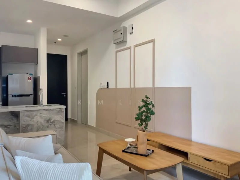 Living features: cream painted walls, grey accent wall, marble tile flooring, sofa with white cushions, wooden coffee table, TV console, wall-mounted air conditioning unit, refrigerator, open shelving, decorative plant; style: modern.