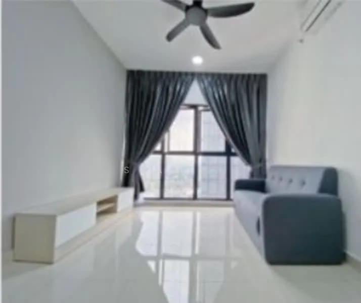 Living features: grey fabric sofa, white TV console, floor-to-ceiling windows, blackout curtains, recessed downlights, 5-blade ceiling fan, glossy tile flooring, white painted walls; style: modern; view: city.