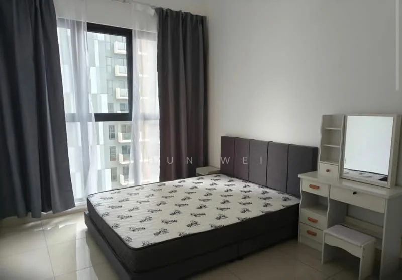 Bedroom features: queen-size bed, upholstered headboard, bedside table with drawers, framed mirror, floor-to-ceiling window, grey curtains, light-colored walls, tile flooring; style: modern.