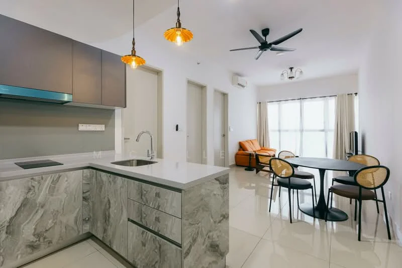 Kitchen features: grey marble countertop, stainless-steel sink, chrome pull-down faucet, built-in induction hob, dark wood cabinetry, recessed downlights, open shelving, tile flooring; style: modern. Living features: 3-seater orange leather sofa, black dining table with 4 chairs, floor-to-ceiling windows, curtains, ceiling fan with light, wall-mounted air conditioning unit, tile flooring; style: modern.