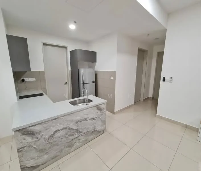 Kitchen features: grey cabinetry, white countertop, stainless-steel fridge, single-bowl stainless-steel sink, chrome pull-down faucet, ceramic tile flooring, recessed downlights, wall-mounted electrical outlets, open layout, neutral wall colour; style: modern. Room features: neutral wall colour, ceramic tile flooring, doorway to hallway, doorway to other rooms.