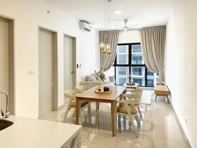 Dining features: dining table with wooden top, 6 upholstered dining chairs, pendant lighting above table, floor-to-ceiling windows, sheer curtains, light-colored walls, glossy tile flooring, ceiling fan with light, decorative vase on table, wooden bench against wall; style: modern; view: city. Room features: 2 doors leading to other rooms, neutral wall color, air conditioning unit on wall.