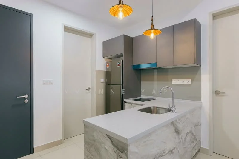Kitchen features: grey cabinetry, marble countertop, single-bowl stainless-steel sink, chrome pull-down faucet, stainless-steel fridge, built-in oven, pendant lighting, tile flooring, blue backsplash; style: modern.