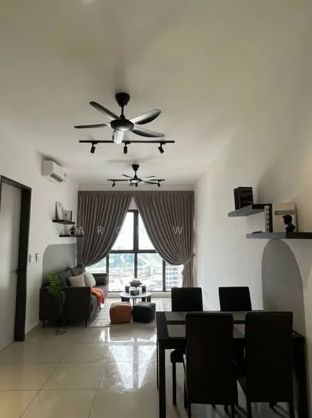 Living features: white painted walls, glossy tile flooring, 5-blade ceiling fan with light, 5-blade ceiling fan with light, floor-to-ceiling windows, grey curtains, black fabric sofa, orange accent cushion, black dining table with four chairs, open shelving units, decorative items on shelves, houseplant in ceramic pot; style: modern; view: city.