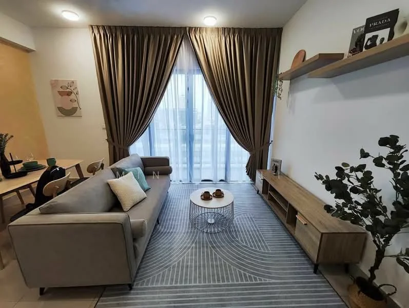 Living features: grey fabric sofa, decorative cushions, round coffee table, area rug with geometric pattern, wooden TV console, floor-to-ceiling windows, sheer curtains, heavy drapes, wall-mounted shelf, decorative plants; style: modern; view: city.