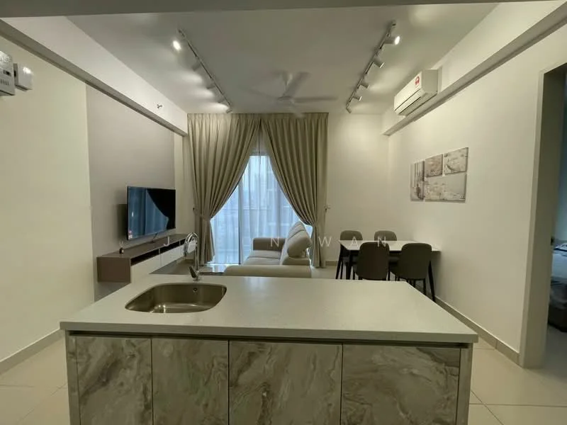 Living features: sofa in light beige, coffee table, wall-mounted TV, 5-blade ceiling fan with light, recessed LED downlights, floor-to-ceiling windows, sheer curtains, light grey walls, tile flooring, dining table with chairs, air conditioning unit; style: modern. Kitchen features: single-bowl stainless-steel sink, quartz countertop, kitchen island, built-in cabinetry, recessed lighting; style: modern.