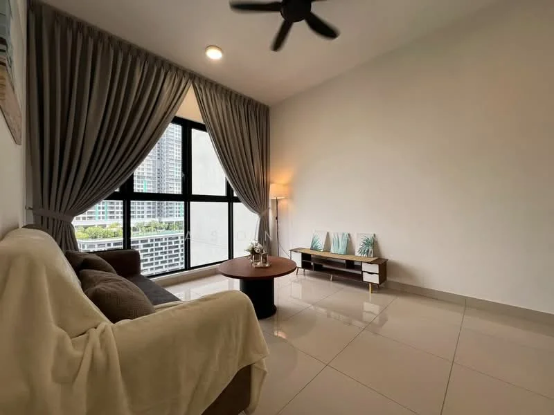 Living features: grey fabric sofa, round coffee table, floor-to-ceiling windows, sheer curtains, recessed downlights, ceiling fan, light wood side table, decorative wall art, white painted walls, glossy tile flooring; style: modern; view: city.