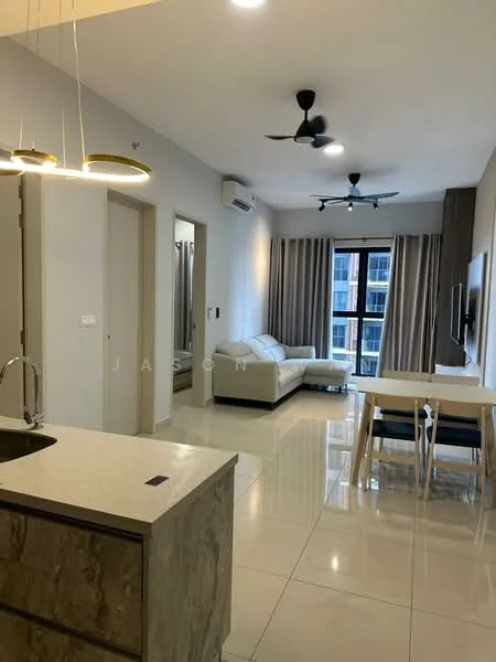 Kitchen features: kitchen island with countertop, stainless-steel sink, chrome pull-down faucet, built-in oven, stainless-steel range hood, 4-burner gas hob, light grey cabinetry, marble countertop, recessed downlights; style: modern. Living features: 3-seater fabric sofa in white, coffee table, wall-mounted TV, TV console, floor-to-ceiling windows, curtains, ceiling fan with light, recessed LED downlights, area rug; style: modern; view: city. Dining features: 4-seater dining table, white dining chairs, light grey walls, tile flooring; style: modern.