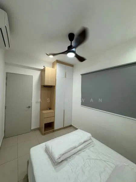 Bedroom features: white painted walls, tile flooring, 5-blade ceiling fan with light, wall-mounted split AC, built-in wardrobe with wooden finish, bedside table, window with roller blinds, double bed with white bedding; style: modern.