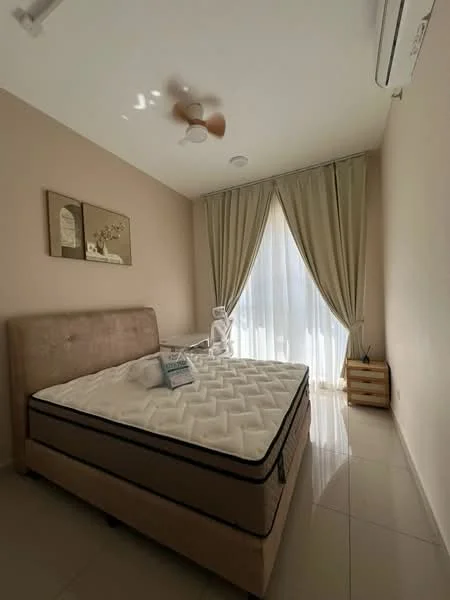Bedroom features: queen-size bed, upholstered headboard, white bedding, floor-to-ceiling window, sheer curtains, wall-mounted air conditioning unit, light-colored painted walls, glossy tile flooring, wooden bedside table, decorative wall art; style: modern.