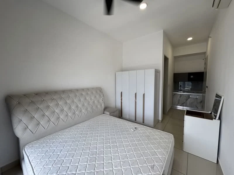 Bedroom features: queen-size bed with upholstered headboard, white painted walls, tile flooring, ceiling fan, built-in wardrobe with sliding doors, small bedside table, window with natural light, neutral decor; style: modern. Kitchen features: kitchen countertop, built-in kitchen cabinets, stainless-steel sink, kitchen appliances visible, tile backsplash; style: modern.