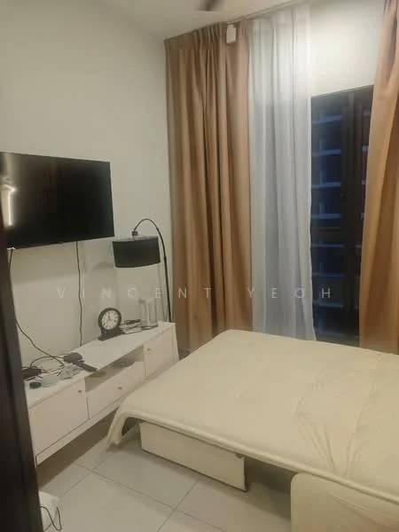 Bedroom features: queen-size bed with beige bedding, white painted walls, light grey tile flooring, floor-to-ceiling window, sheer white curtains, brown curtains, wall-mounted TV, white TV console, black bedside lamp, round wall clock; style: modern.