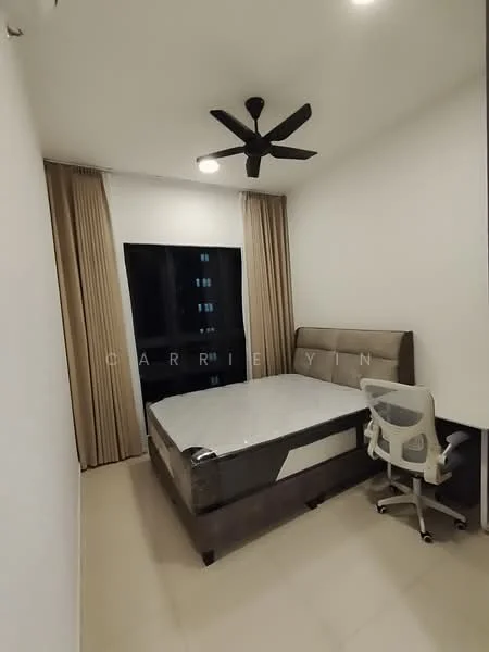 Bedroom features: queen-size bed, upholstered headboard, ceiling fan, desk with chair, floor-to-ceiling windows, sheer curtains, light-colored walls, tile flooring; style: modern.