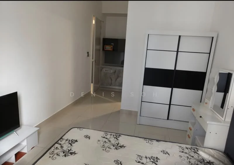 Bedroom features: white painted walls, tile flooring, queen-size bed with floral bedding, built-in wardrobe with black and white panels, white dresser with mirror, wall-mounted TV, window with no visible treatment, light fixture on ceiling; style: modern.