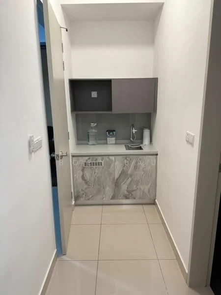 Room features: grey cabinetry, marble countertop, single-bowl stainless-steel sink, chrome faucet, white walls, tile flooring, built-in cupboard, cleaning supplies visible; style: modern.