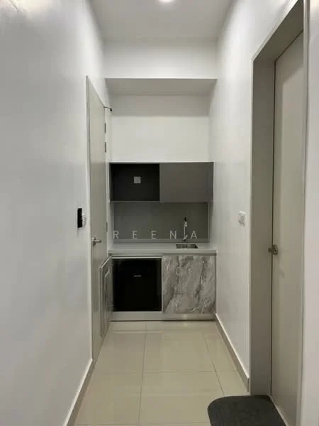 Room features: white painted walls, grey cabinetry, marble countertop, single-bowl stainless-steel sink, chrome pull-down faucet, black fridge, ceramic tile flooring, recessed downlights, door leading to another room; style: modern.