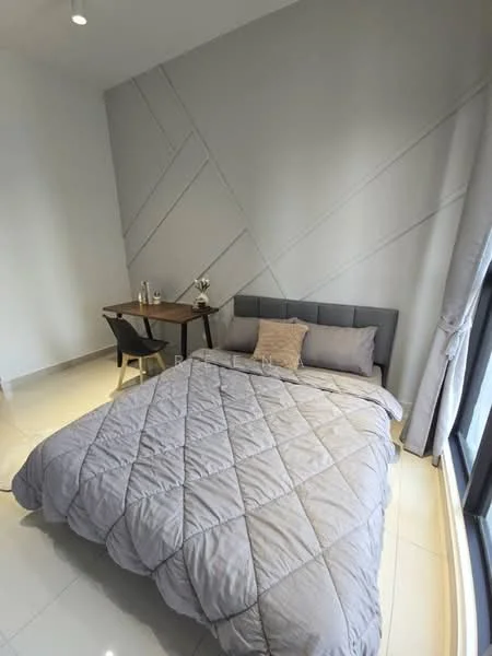Bedroom features: king-size bed with grey quilted bedding, upholstered headboard in grey, wooden study desk, black chair, floor-to-ceiling windows, grey curtains, white painted walls, glossy tile flooring, decorative pillow on bed, table lamp on desk; style: modern.