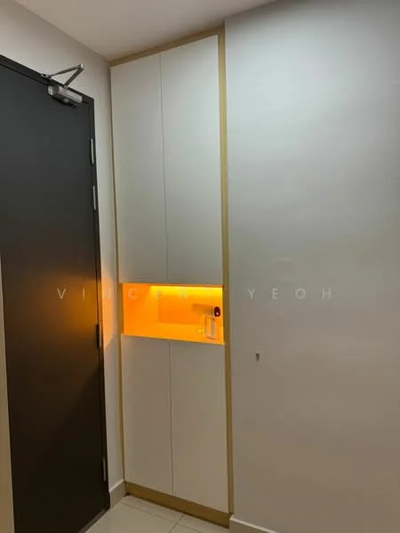 Room features: white cabinetry with gold trim, built-in storage unit, backlit shelf with warm lighting, dark door, tile flooring, minimalist design; style: modern.