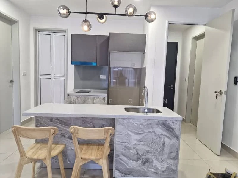 Kitchen features: grey cabinetry, marble countertop, single-bowl stainless-steel sink, chrome pull-down faucet, built-in oven, stainless-steel fridge, pendant lighting with multiple bulbs, white tiled backsplash, open shelving, bar seating with two wooden stools, floor-to-ceiling cabinets, ceramic tile flooring; style: modern.