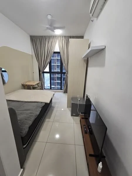 Bedroom features: queen-size bed, grey bedding, upholstered headboard, wooden bedside table, floor-to-ceiling windows, sheer curtains, wall-mounted TV, wooden TV console, air conditioning unit, ceiling fan, glossy tile flooring, light-colored walls, built-in wardrobe; style: modern; view: city.