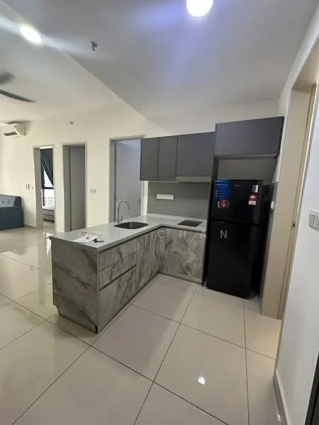 Kitchen features: grey cabinetry, marble countertop, single-bowl stainless-steel sink, chrome pull-down faucet, built-in oven, freestanding fridge in black, ceramic tile flooring, recessed downlights, open shelving, wall-mounted split AC; style: modern.