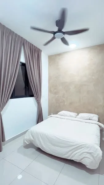 Bedroom features: queen-size bed with white bedding, light-colored wall with textured finish, floor-to-ceiling window with black frame, sheer curtains in beige, 5-blade ceiling fan with integrated LED light, white tiled flooring, recessed ceiling light; style: modern.