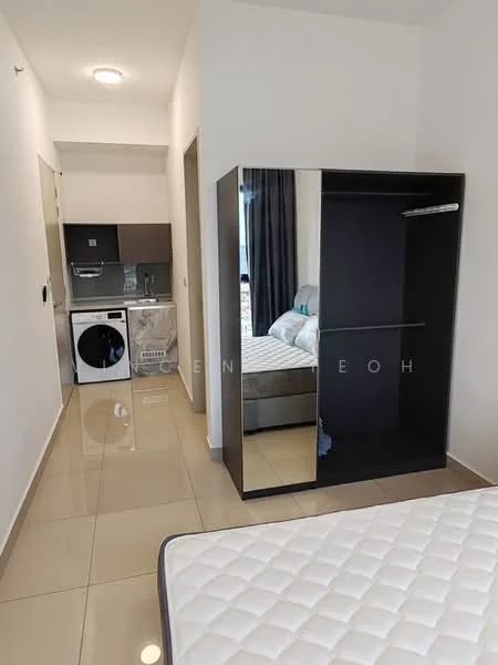 Bedroom features: queen-size bed, upholstered headboard, built-in wardrobe with sliding mirror doors, washing machine, tile flooring, white painted walls, recessed ceiling lights, curtains, bedside table, mattress; style: modern.