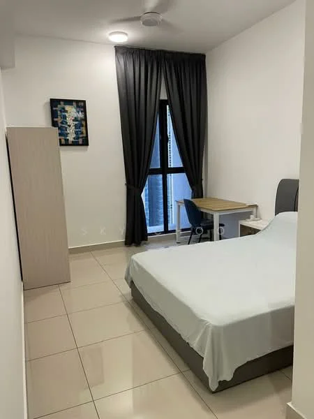 Bedroom features: queen-size bed with light-colored bedding, grey upholstered headboard, white walls, cream tiled flooring, floor-to-ceiling window, blackout curtains, study desk with chair, nightstand, framed artwork on wall, ceiling fan; style: modern; view: city.