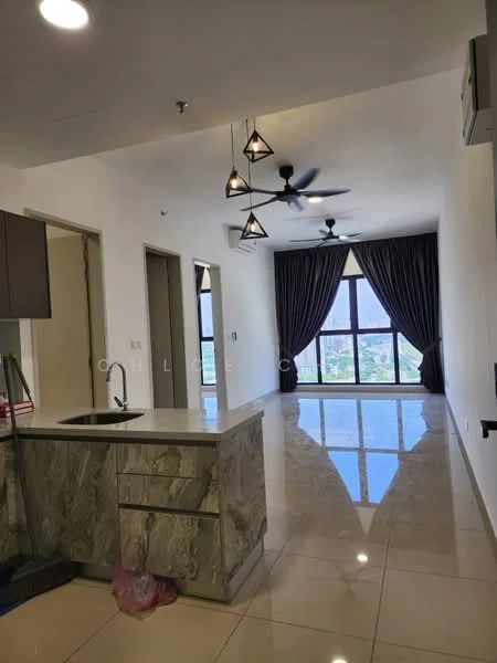 Living features: marble tile flooring, white painted walls, tray ceiling, 3-blade ceiling fan, 2 ceiling fans, floor-to-ceiling windows, dark curtains, kitchen island with stone countertop, stainless-steel sink, chrome pull-down faucet, open layout, view of city skyline; style: modern; view: city.