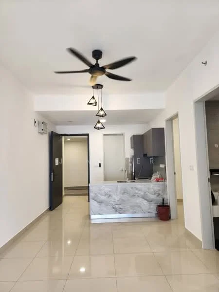 Kitchen features: marble countertop, grey cabinetry, 5-blade ceiling fan with light, recessed downlights, tile flooring, open layout, wall-mounted split AC, doorway to hallway; style: modern. Room features: white painted walls, doorway to living area, doorway to bathroom.