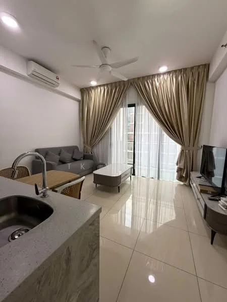 Living features: grey fabric sofa, coffee table, TV console, wall-mounted TV, floor-to-ceiling windows, sheer curtains, dropped ceiling with recessed lighting, 5-blade ceiling fan with light, cream painted walls, glossy tile flooring, air conditioning unit; style: modern. Kitchen features: single-bowl stainless-steel sink, granite countertop, kitchen cabinetry, built-in appliances; style: modern.