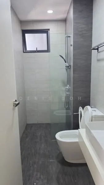 Bathroom features: walk-in shower with glass enclosure, rain shower head, handheld shower, single-sink vanity with white cabinet, chrome basin mixer, framed mirror, one-piece toilet, grey tile flooring, white tiled walls, window for natural light, towel rack, wall-mounted shelf; style: modern.