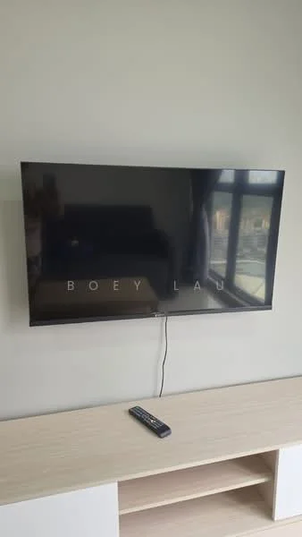 Living features: wall-mounted TV, TV console, remote control, light grey painted walls, large window, natural light, wooden console, minimalist decor; style: modern.