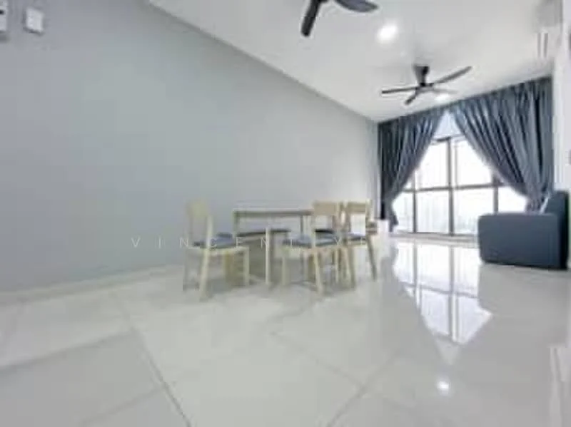 Living features: grey painted walls, white ceiling, 5-blade ceiling fan with light, floor-to-ceiling windows, blue fabric sofa, dining table with 4 chairs, glossy tile flooring, curtains in dark blue; style: modern; view: city.