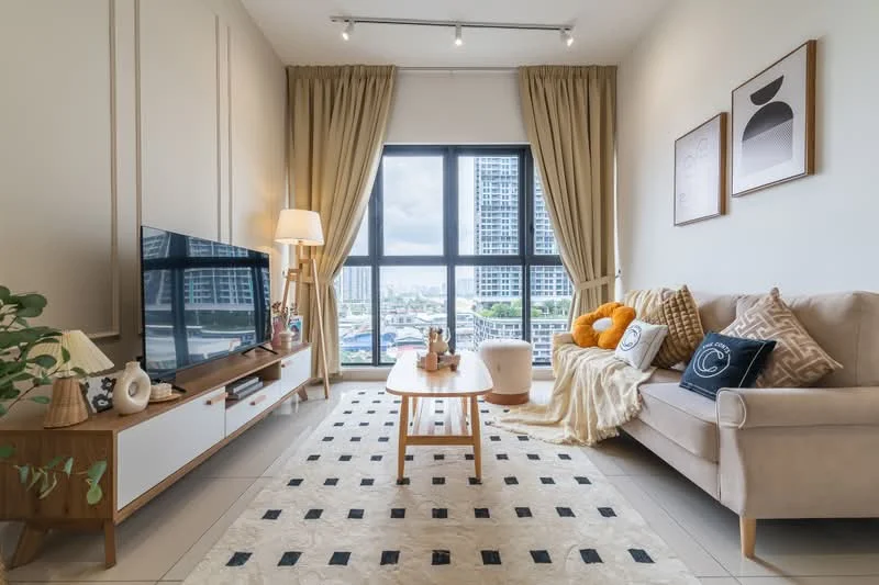 Living features: beige fabric sofa, wood coffee table, TV console with storage, floor-to-ceiling windows, sheer curtains, decorative cushions, area rug with geometric pattern, table lamp, wall-mounted TV, decorative wall art, throw blanket; style: modern; view: city.