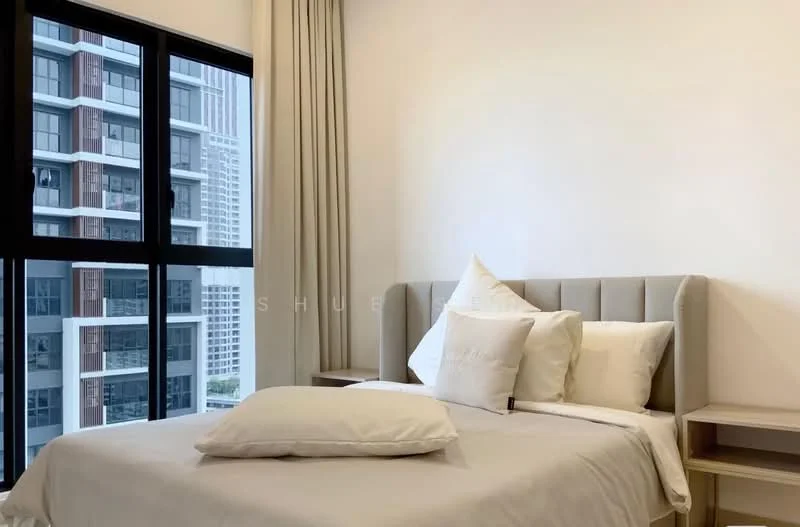 Bedroom features: king-size bed, upholstered headboard, white bedding, two white pillows, bedside table, floor-to-ceiling windows, curtains, city view; style: modern; view: city.