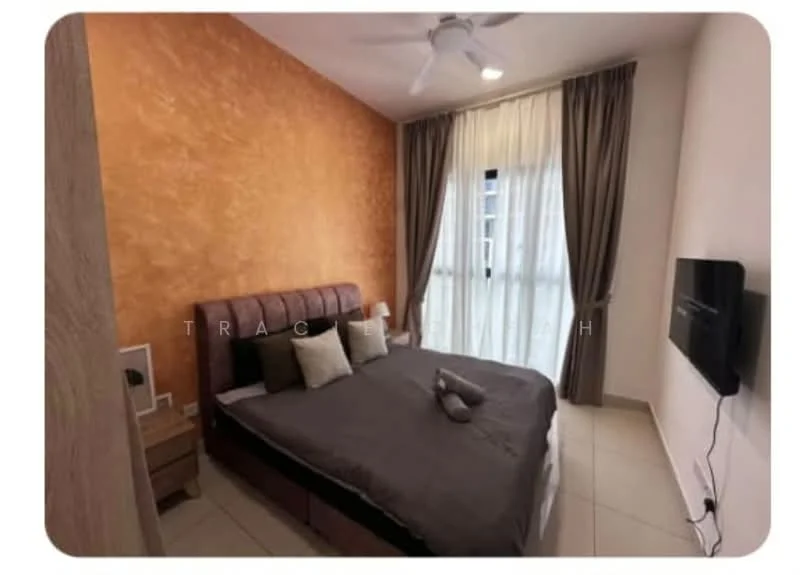 Bedroom features: king-size bed with upholstered headboard, grey bedding, two bedside tables, wall-mounted TV, floor-to-ceiling windows, sheer curtains, dark brown accent wall, light-colored walls, ceiling fan, recessed lighting, laminate flooring; style: modern.