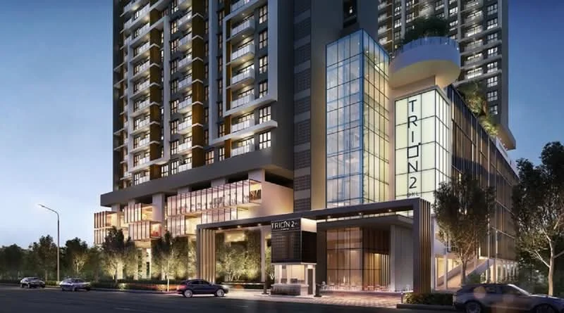 Exterior type: high-rise condominium; features: glass curtain wall, white painted facade, recessed balconies, feature lighting at night, double-volume main lobby, manicured landscaping, surrounded by mature greenery, modern architectural design; style: modern.