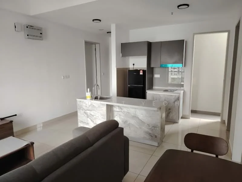 Kitchen features: marble countertop, stainless-steel sink, black fridge, built-in cabinets, recessed downlights, wall-mounted split AC, ceramic tile flooring, grey cabinetry, open shelving, kitchen island; style: modern. Living features: 3-seater fabric sofa in grey, coffee table, TV console, area rug; style: modern.