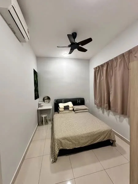 Bedroom features: queen-size bed with checkered bedding, upholstered headboard, 2 bedside pillows, ceiling fan with 5 blades, 1 wall-mounted split AC unit, light fixture on ceiling, curtains in beige, white painted walls, glossy tile flooring, small study table, mirror on study table; style: modern.