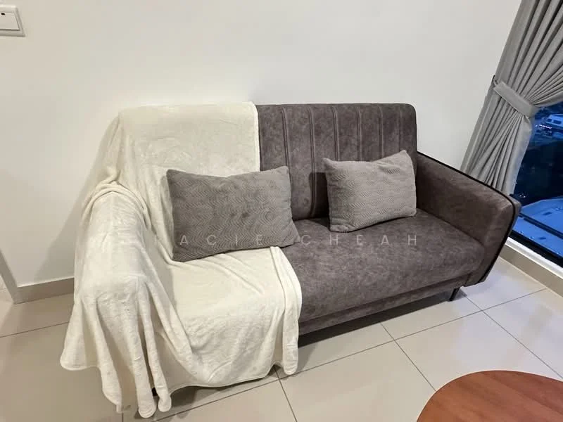 Living features: 3-seater fabric sofa in grey, white throw blanket draped over sofa, 2 decorative cushions in grey, floor-to-ceiling window with city view, light-coloured tiled flooring, curtains in light grey, round wooden coffee table; style: modern; view: city.