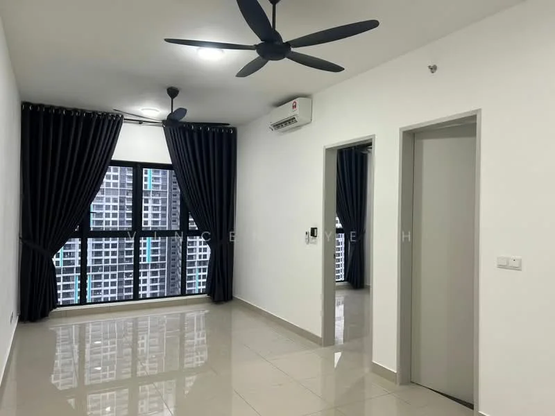 Room features: white painted walls, glossy tile flooring, 5-blade ceiling fan with light, wall-mounted split AC, floor-to-ceiling windows, blackout curtains, doorway to adjacent room, window view of city skyline; style: modern; view: city.