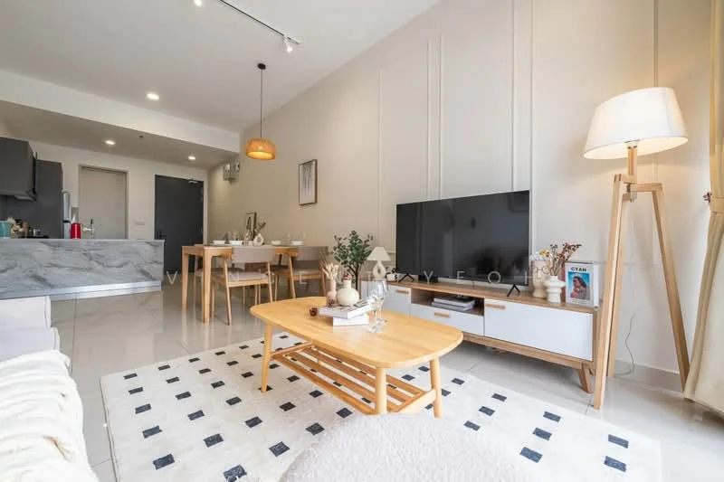 Living features: white painted walls, glossy tile flooring, sofa with cream upholstery, wooden coffee table, area rug with geometric pattern, wall-mounted TV, TV console with storage, floor lamp, dining table with chairs, decorative plant, framed artwork on wall, open-plan layout; style: modern.