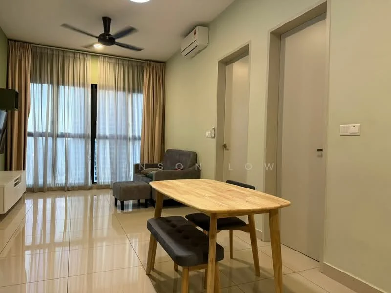 Living features: grey fabric armchair, light wood dining table, 2 upholstered dining chairs, 5-blade ceiling fan with light, wall-mounted split AC, floor-to-ceiling windows, sheer curtains, cream painted walls, glossy tile flooring, TV console, decorative wall art; style: modern; view: city.