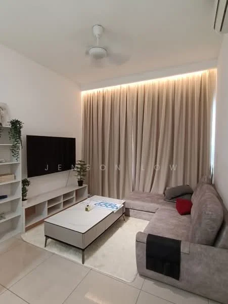 Living features: 3-seater fabric sofa in grey, coffee table, wall-mounted TV, TV console, area rug, ceiling fan, floor-to-ceiling curtains, shelving unit, decorative plant, light-colored wall, glossy tile flooring; style: modern.